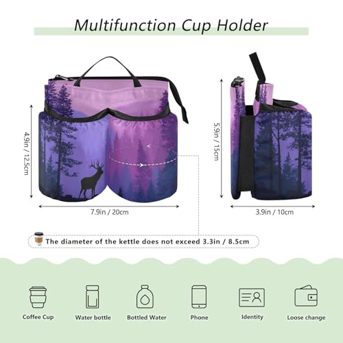 Image of Luggage Cup Holder for Suitcases Free Hands Suitcase Cup Holder Travel Luggage Drink Holder Portable Luggage Cup Caddy Bag Carrier with Handle Purple Stag Forest Trees