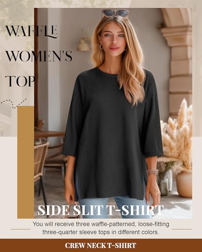 3 Pack Women's 3/4 Sleeve Waffle Knit Tops Oversized Crewneck T-Shirts Loose Casual Blouses Side Split Tees3
