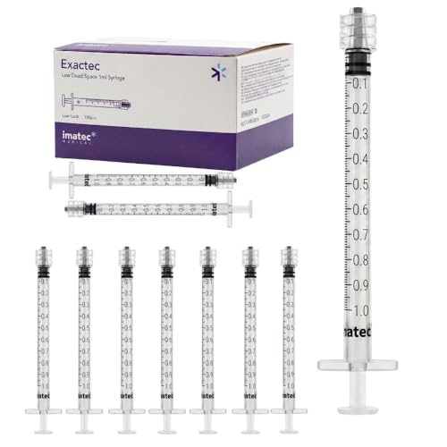 100 Pack 1mL Luer Lock Syringes (No Needle) - Sterile Disposable Syringes with Reduced Dead Space Individually Wrapped 1ml / 1cc by Imatec Medical UK