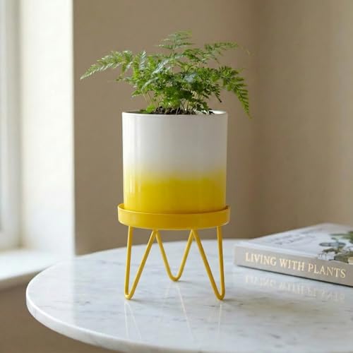 ecofynd Lucas Metal Plant Pot with Yellow Stand, Modern Style Planter Set, Indoor Outdoor Home Decor Item for Garden Plants Flower, Balcony, Patio, Living Room, Garden, Bedroom (PWS032-WHTYLW)