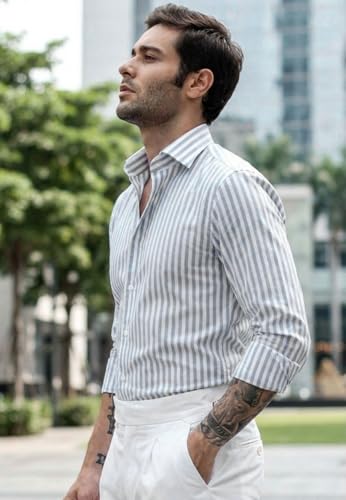 Image of IndoPrimo Men's Striped Shirt | Premium Slim Fit Full Sleeve Formal Casual Shirt | Button-Down Cotton Shirt for Office