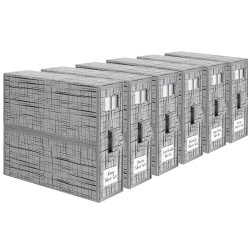 Ryoizen Foldable Closet Organizer and Storage, Bed Sheet Linen Organizer, Striped Cube Storage Bins with Visible Window, Bedding Container for Sheet Set Duvet Covers Blankets, 6 Pack