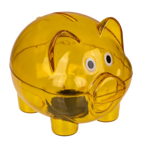 Hucha Cerdito de plástico Transparente. Huchas Originales tamaño PEQUEÑO (10 x 8 x 8 cm) Infantiles con tapón. Hucha Ligera y Resistente. (Amarillo)