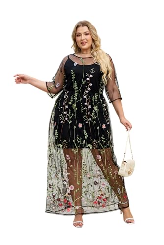 BaronHong Women's Floral Embroidered Tulle Prom Maxi Dress with Cami
