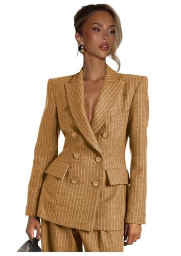 Hoawsyu Pinstripe Wool Blend Women Suits 2 Piece Set V Neck 6 Button Womens Suit Orange Pants Suits for Women for Business Work Size XX-Large