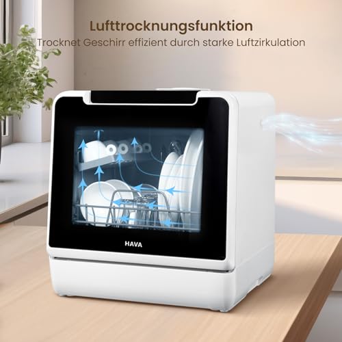HAVA Tischgeschirrspüler, 8 Programme NEUES Modell, mini Spülmaschine mit Kindersicherung & Startverzögerung, 5L Wassertank für Wohnungen, Schlafsäle und Wohnmobile