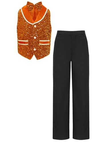 Kids Boys Jazz Dance Performance Outfits Glittery Sequined Velvet Vest Waistcoat with Bow Tie and Pants