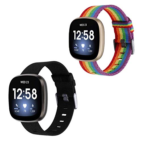 Wearlizer Fabric Bands Compatible with Fitbit Versa/Fitbit Sense for Women Men,Soft Breathable Canvas Watch Strap Adjustable Replacement Wristband for Fitbit Versa 3 Smart Watch-Black/Rainbow