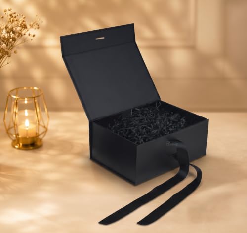 Image of RBS - Black Gift Box with Filler 23x16x10cm Empty Hamper Box for Gifting Holds Upto 5kg Sturdy Cardboard Gift Boxes 25g Decorative Shredded Paper Birthday, Christmas, Diwali Packing (Black Filler)