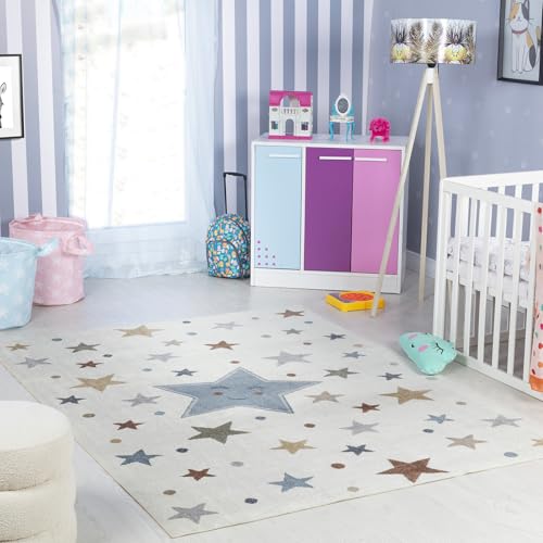 Livabliss Stars - Tappeto grande per bambini, 140 x 200 cm, colore: Panna e Blu