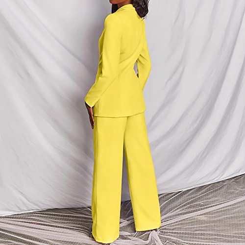 Wodceeke Suits For Women Office Professional Long Sleeve Blazer Jacket And Floor-Length Wide Leg Pants Casual Business Sets Yellow #TOP3