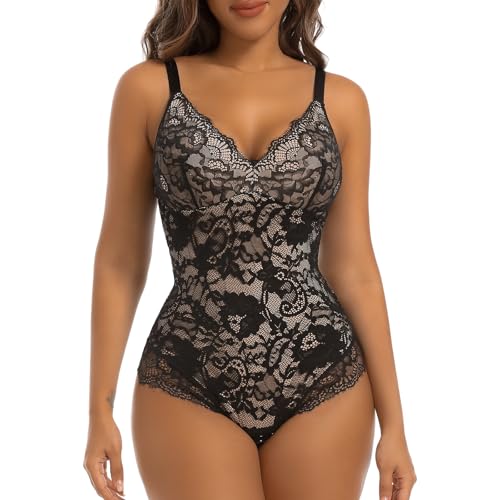 woahee Lace Shapewear Bodysuit for Women Tummy Control Shapewear Sleeveless V-Neck Tank Tops Backless Thong Body Suit