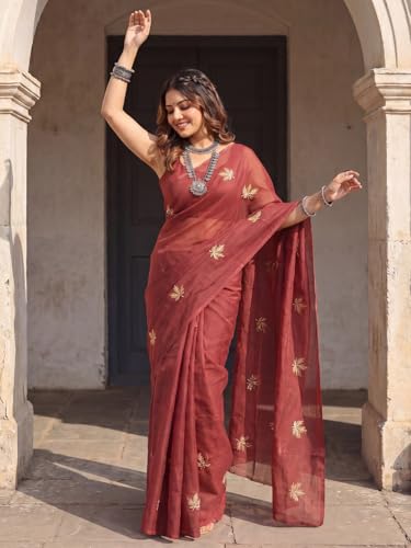 Image of AKHILAM Women's Shimmer Off White Chanderi Cotton Floral Hand Paint Embroidered Lace work Saree With Unstitched Blouse Piece | saree for woman | Designer Saree for Women | Soft and Skin Friendly