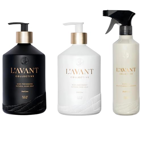 Image of L'AVANT Collective Hand Soap, Dish Soap & Multipurpose Surface Cleaner Fresh Linen | High Performing Formula Luxurious Ingredients Soft Smooth Hands & Dishes | Kitchen Home Decor Hostess Gifts