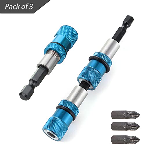 Saipe 3Pcs Adjustable Screw Depth Magnetic Screwdriver Bit Holder 1/4" Hex Shank Drywall Screw Bit Holder Screw Tool With Phillips 2 Screw Driver Bits, Blue #TOP4