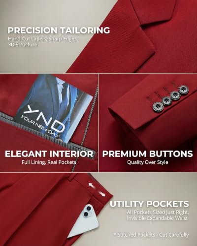 Image of YND Men's 3 Piece Suit with Tie, Solid Color Slim Fit Jacket Vest and Pants