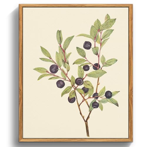 crmotu Vintage Framed Wall Art, Minimalist Blueberry Botanical Prints, Nature Plant Watercolor Canvas Pictures, Branch Leaf Rustic Home Wall Decor Living Room Bedroom Bathroom Paintings, 16x24 inch