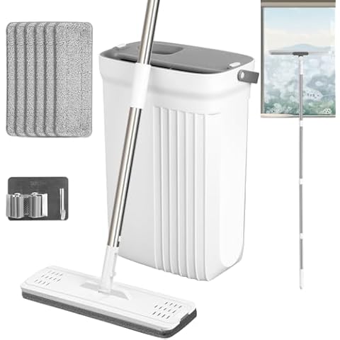 Flat Mop and Bucket with Wringer Set for Home Cleaning, Hands Free Grey&White Squeeze Mop Bucket Set with Soft Scraper for All Floors and Window, 52.8" Long Handle, with 6 Reusable Microfiber Pads Cover