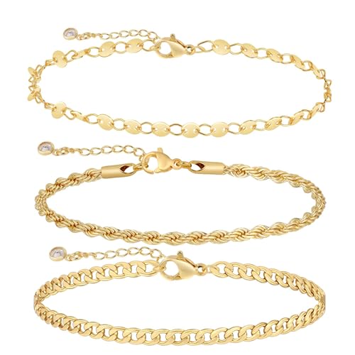 Gold Bracelets for Women Waterproof, 14K Real Gold Jewelry Trendy Thin Dainty Stackable Bracelet Pack Fashion Accessories Gifts for Womens Dainty Bracelets Silver Jewelry Gifts for Women Christmas