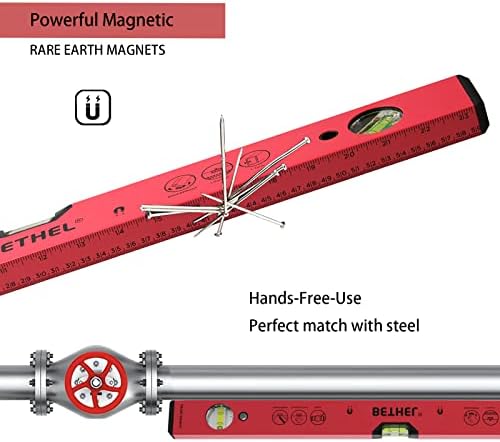 BETHEL Torpedo Level, 24" Magnetic Torpedo Spirit Level Tool with 3 Vials, 45°/90°/180°Degrees, Aluminum Shockproof Bubble Level, High Visibility Red Durable Measuring Leveler