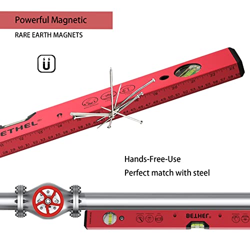 Bethel Torpedo Level, 24" Magnetic Torpedo Spirit Level Tool With 3 Vials, 45°/90°/180°Degrees, Aluminum Shockproof Bubble Level, High Visibility Red Durable Measuring Leveler #TOP2