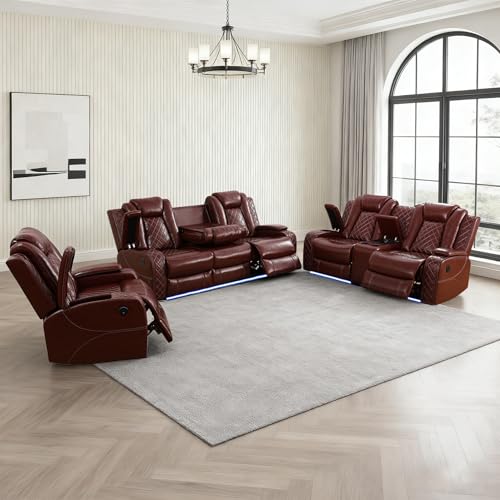 SITYRUBE Power Leather Recliner Sofa Set with LED Lights, Power