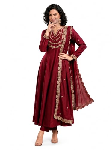 Image of Yashika Women's Silk Blend Embroidered Anarkali Kurta Set with Dupatta | Full Length Ethnic Wear for Women | Wedding