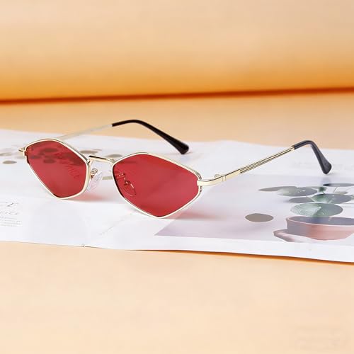 Laurinny Hexagon Sunglasses for Women,Geometric Shades Gold Frame Red Lens by Laurinny - Used condition - Image 2