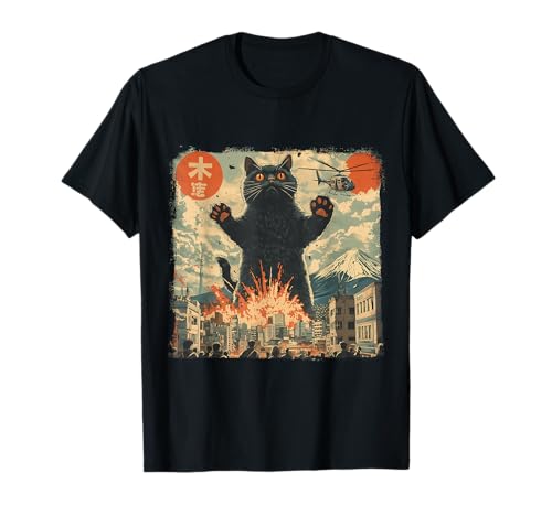Gatto giapponese vintage Kaiju Monster Art Giappone Retro Style Maglietta