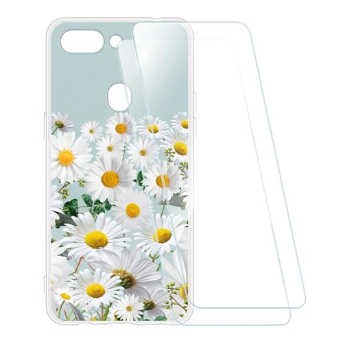 ESCAMOT Bedruckte Hülle + 2 Glas Schutzfolie Kompatibel mit Oppo R15 Dream Mirror, Stoßfeste Weiche Cover & HD Klare Tempered Glass Folie (Blume 5)