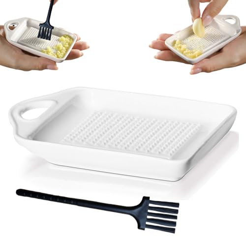 Rallador de cerámica, rallador de jengibre de cerámica, rallador de ajo, rallador de cerámica con cepillo para cocina familiar, puré de manzana, limón, jugo de jengibre, molienda, 11 x 6,8 cm, blanco