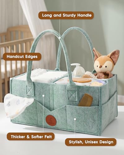 Image of Maliton Felt Diaper Caddy Organizer for Changing Table - Large, Green | 15x9x7 inch Portable Nursery Storage Bin and Car Organizer for Diapers, Wipes. Boy & Girl Shower Gift Basket, Baby Essentials