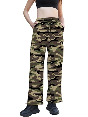 Image of Betusline Girls & Women's High Waist Wide Leg Cargo Pants Y2K Parachute Pants with Pockets and Drawstring 6 Years-Women 2XL