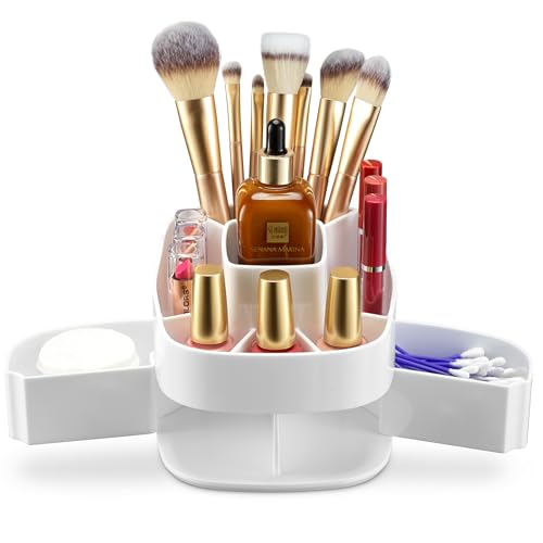 Image of Masirs 360 Rotating Makeup Organizer - Small Acrylic Cosmetic Storage Caddy, 5 Compartments, Mini Lazy Susan for Vanity, Bathroom, Skincare, Brushes & Lipsticks, Square White