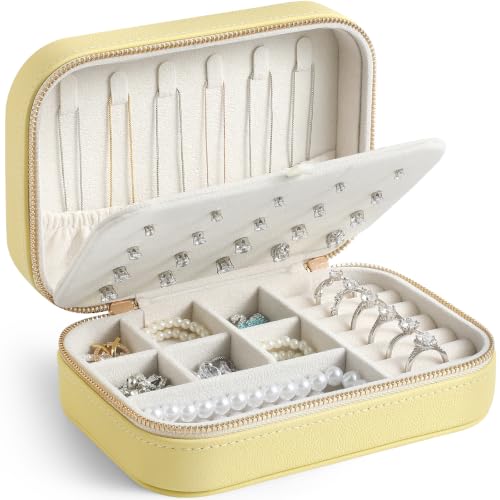 NGVRC Genuine Leather Travel Jewelry Organizer Case for Women, Small Mini Portable Jewelry Box for Ring Earrings Necklace Bracelet Luxury Gift for Women Yellow by NGVRC - Used condition - US$21.26