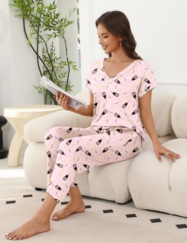 Ekouaer 2 Pack Pajamas for Women Short Sleeve V Neck Pj 2 Piece Lounge Sets S-XXL4