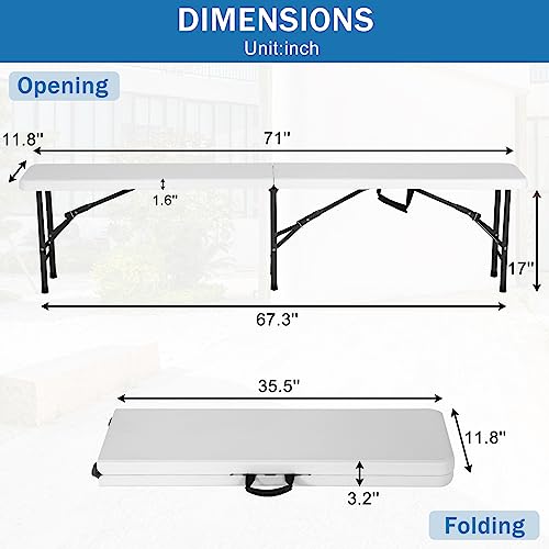 BLKMTY Plastic Bench 6ft Folding Bench Portable Benches Outdoor Bench Seat Patio Bench Collapsible Bench with Carrying Handle for Picnic Camping Foldable Soccer Bench Seating, White(2 Pack)