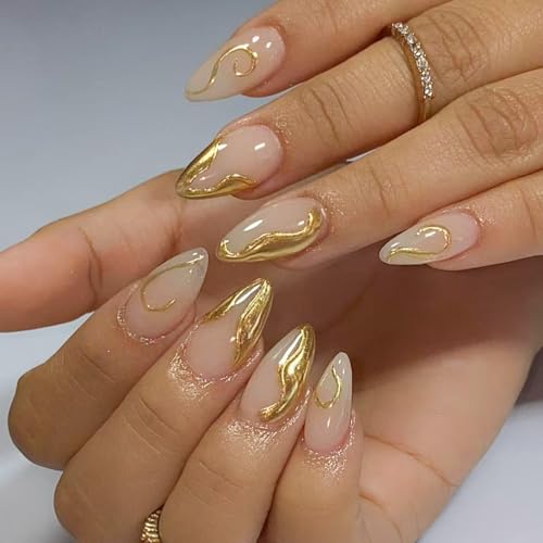 Image of Gold Nail Press ons French Tip Fake Nails with 3D Chrome Design Glossy Glue on Nails Reusable Artificial Acrylic Full Cover Nude Stick on Nail Short Almond False Nails for Women Manicure 24Pcs