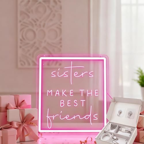 Image of Sisters Make The Best Friends Neon Sign, Pink Led Wall Decor for Bedroom, Gift for Sister, Best Friend, BFF, USB Dimmable Aesthetic Room Decor for Girls, Unique Friendship Gift (13.8 inchx12.4 inch)