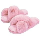 Metog Women's Fuzzy Slippers Cross Band Indoor Outdoor Soft Plush on Open Toe House Shoes, Pink, 9-10 Women