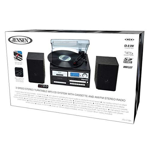 Jensen Jta-575Bk All-In-One Modern Home Record Player Stereo 3-Speed Turntable Music System Multimedia Center + Cd/Mp3, Usb/Sd Encoding Am/Fm Cassette Player/Recorder + Remote Wooden Speakers (Black) #TOP3
