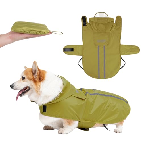 NyyGlykys 犬 レインコート 犬用傘 防水 犬用レインコート 反射性犬カッパ 透明フード付きケープ 軽量 通気性 ポンチョスリッカー 着脱簡単 サイズ調整可能 小型犬 中型犬用 大型犬 散歩用 梅雨対策 速乾ショール 耐久性あり (グリーン, XL