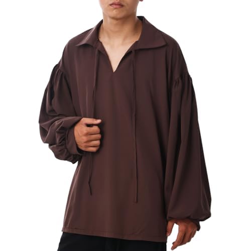 COSDREAMER Mens Pirate Shirt Colonial Shirt Renaissance Poet Shirt Blouse (Coffee, X-Large), XL - Image 2