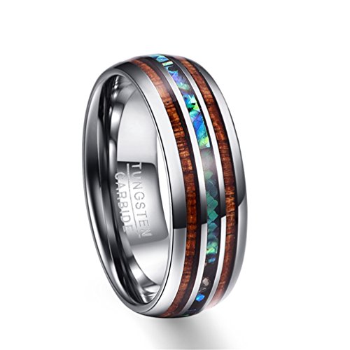 Moliston 8mm Hawaiian Koa Wood and Abalone Shell Tungsten Carbide Rings Wedding Bands for Men Comfort Fit Size 5-14