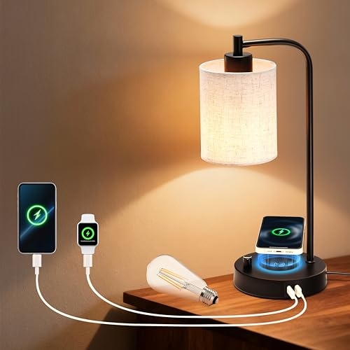 Lámpara de mesita de noche LED con cargador inalámbrico y puertos de carga USB-C+A, lamparas de escritorio, lectura, ideal para colocar sobre mesilla de noche, intensidad variable, pantalla de lino