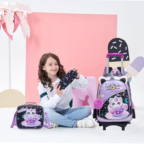 Backpack with Wheels for Girls Rolling Backpack for Kids Travel Backpacks for School Girls Roller Backpacks for Kids Children Elementary Bookbag with Lunch Bag 6