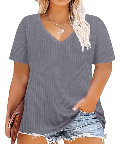 Image of CARCOS Plus Size Tops for Women Short Sleeve Shirts Basic Tee Solid Color Blouse V Neck Tunic Loose Fit Tshirts Summer XL-5XL