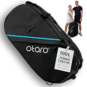 Otaro Tennistasche 100L für 6 Schläger | 2 Thermofächer, Schuhfach, Kühlfach & Laptopfach | Tennisrucksack mit 4-in-1 Tragesystem | Wasserabweisende Tennis Tasche für Training & Turnier (Schwarz Blau)