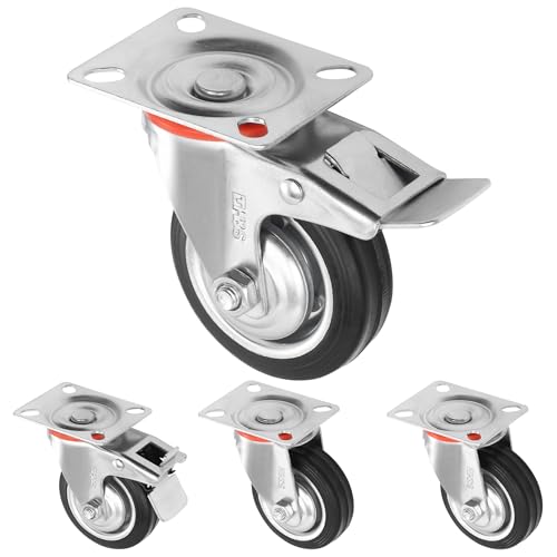 H&S Heavy Duty 75mm Caster Wheels for Trolley & Furniture – 4 Casters with Brakes, Double Ball Bearing Swivel Heads, Black