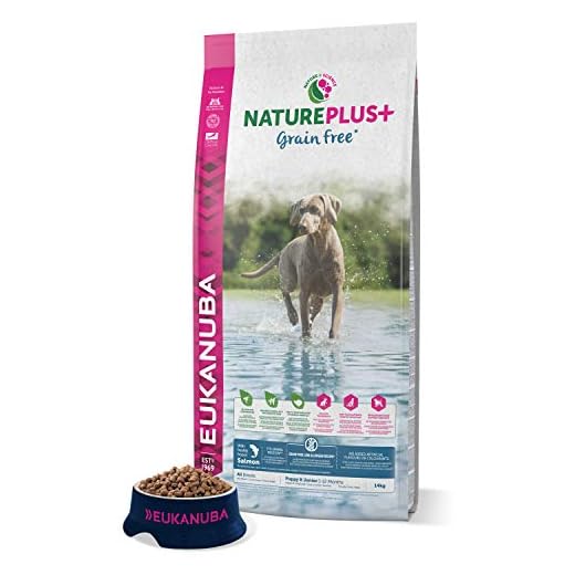 Eukanuba NaturePlus+ spannmålsfri valpmat med lax – torrfoder utan spannmål för junior hundar av alla raser, 14 kg